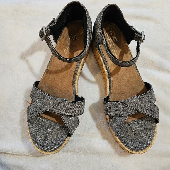 TOMS Women's Harper Platform Sandals Wedge Black Chambray Denim Size 11 - Picture 2 of 5